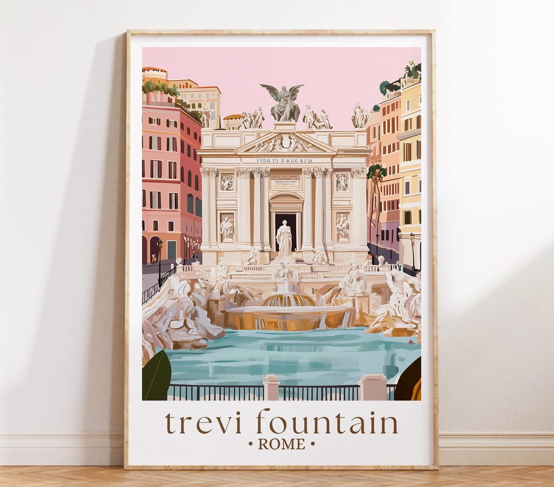 Trevi Fountain Rome Travel Poster Italian Landmark Art Historic Fountain Print Rome Travel Decor Italy Getaway Gift