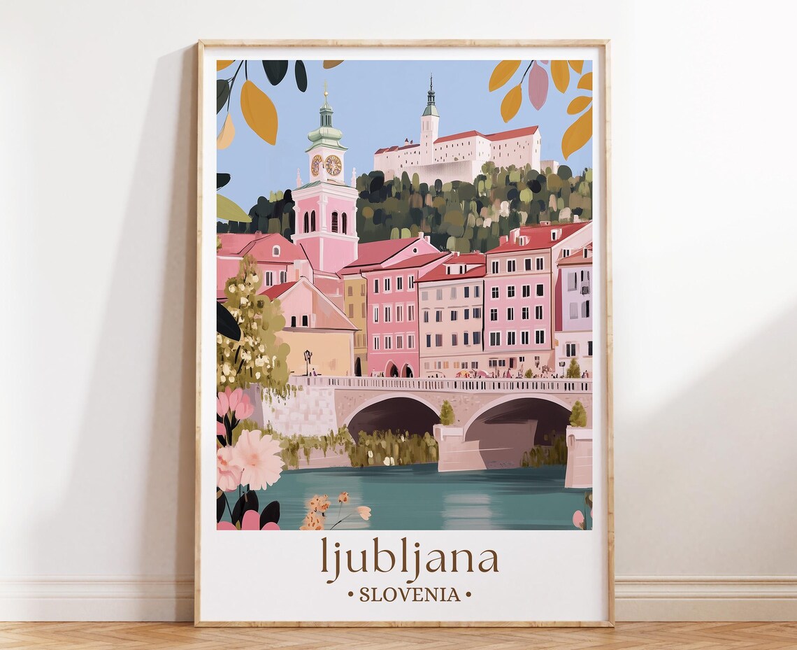 Ljubljana Slovenia Poster Pink Old Town Castle Hill River Bridge