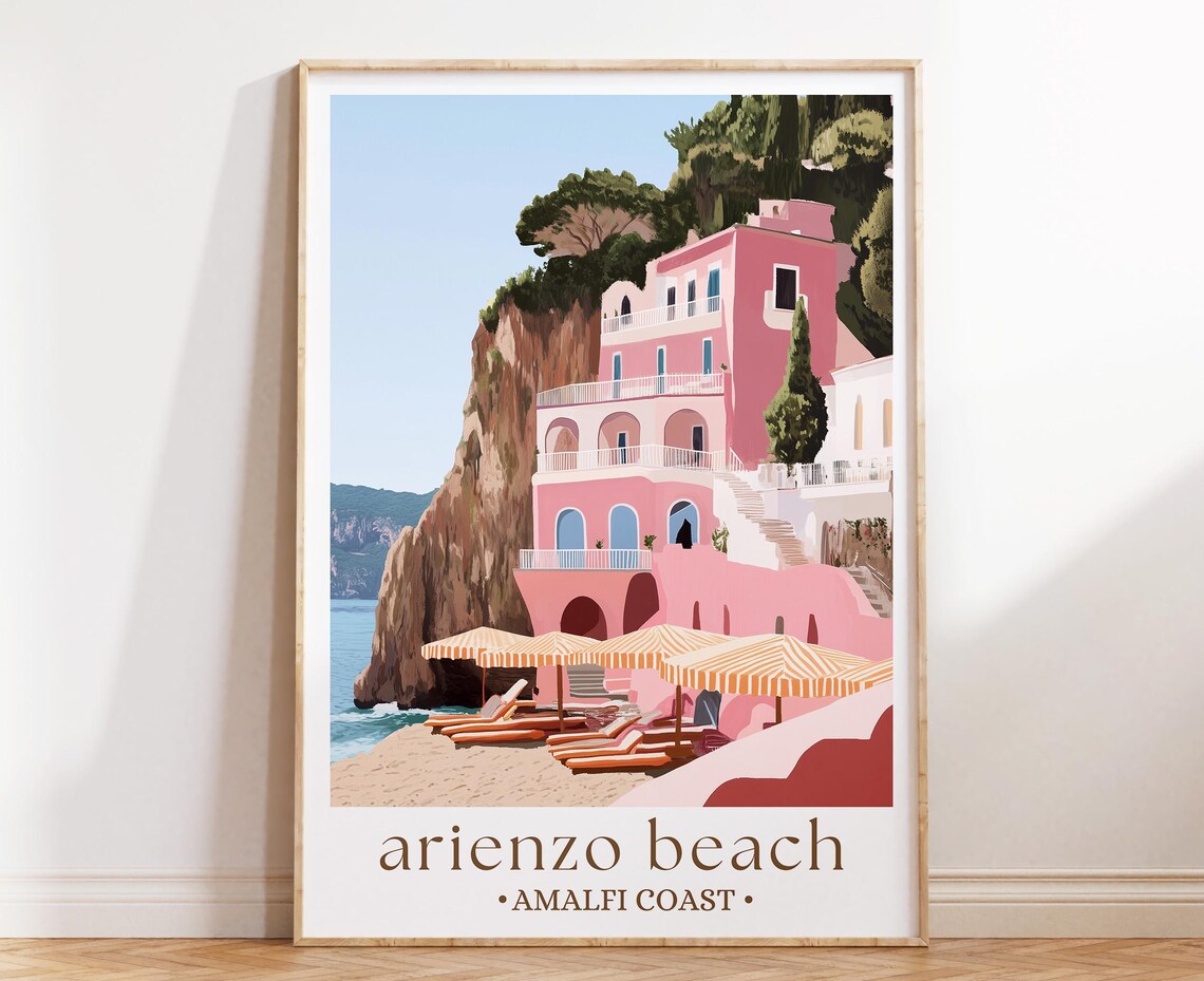 Arienzo Beach Amalfi Coast Pink Cliffside Villa Travel Poster
