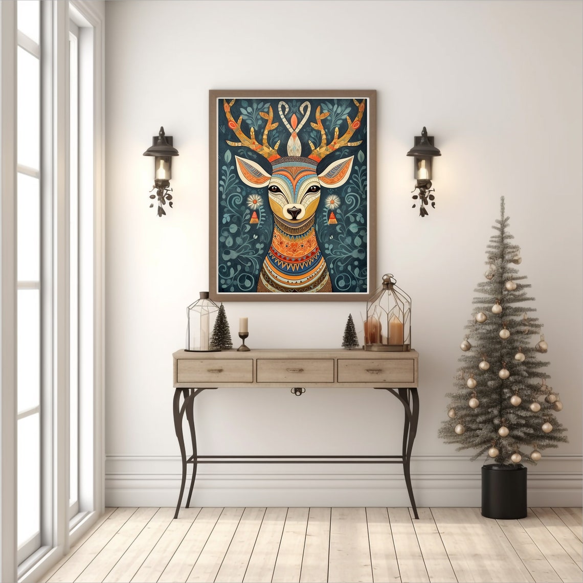 Colorful Folk Art Deer Portrait with Patterned Antlers Print - Image 2