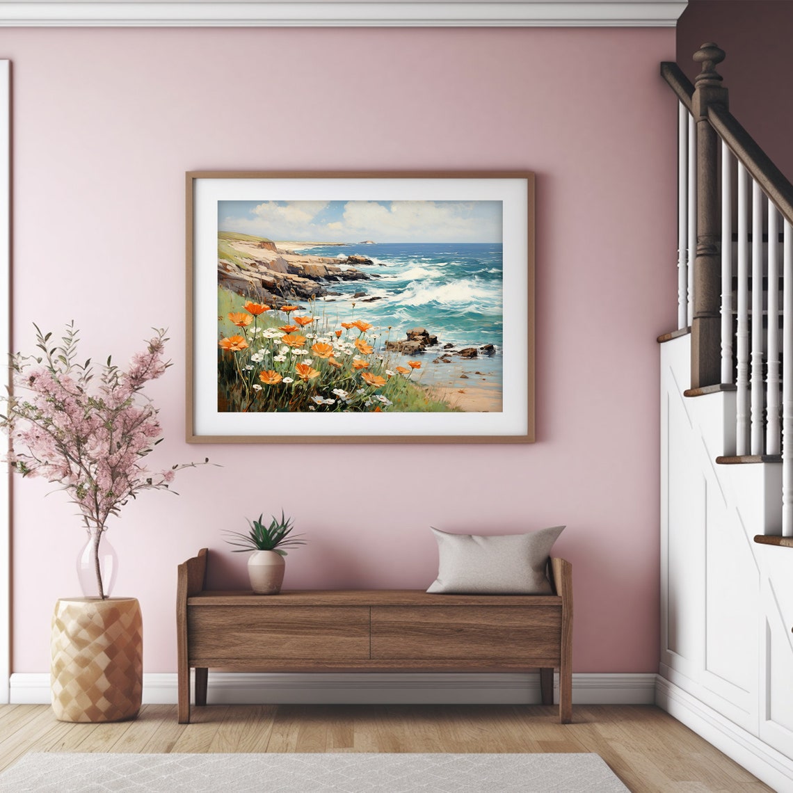 Rocky Ocean Coast with Orange Wildflowers Spring Painting Poster - Image 4