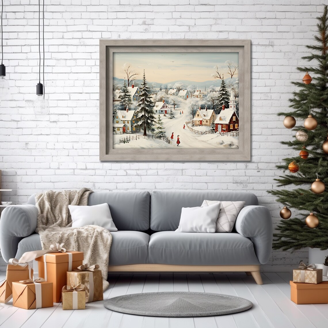 Snowy Village Children Red Coats Church Vintage Christmas Art Print - Image 5