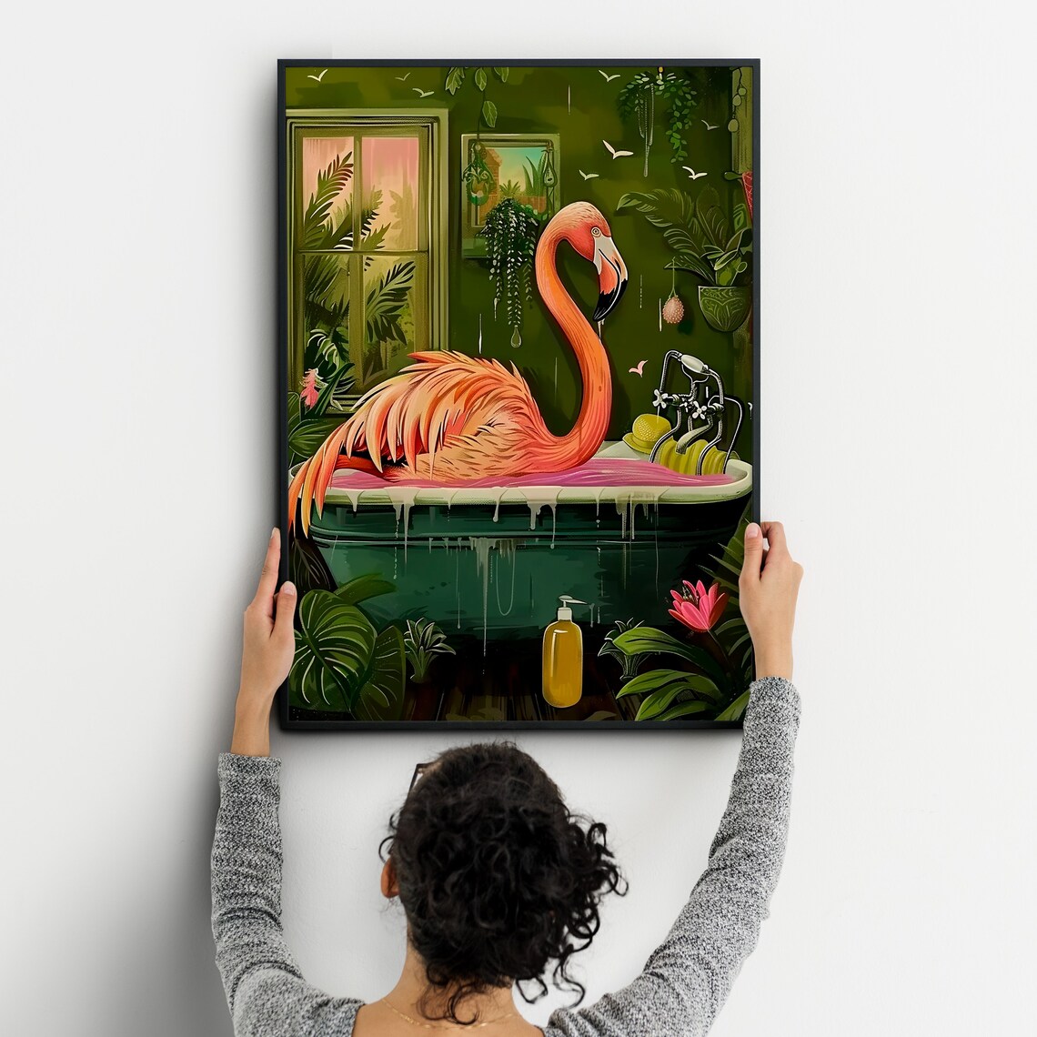 Pink Flamingo Relaxing in Bathtub Tropical Bathroom Animal Print - Image 2