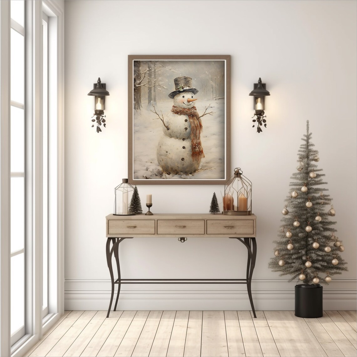 Cheerful Vintage Snowman in Top Hat and Scarf in Snowy Woods Print - Image 3