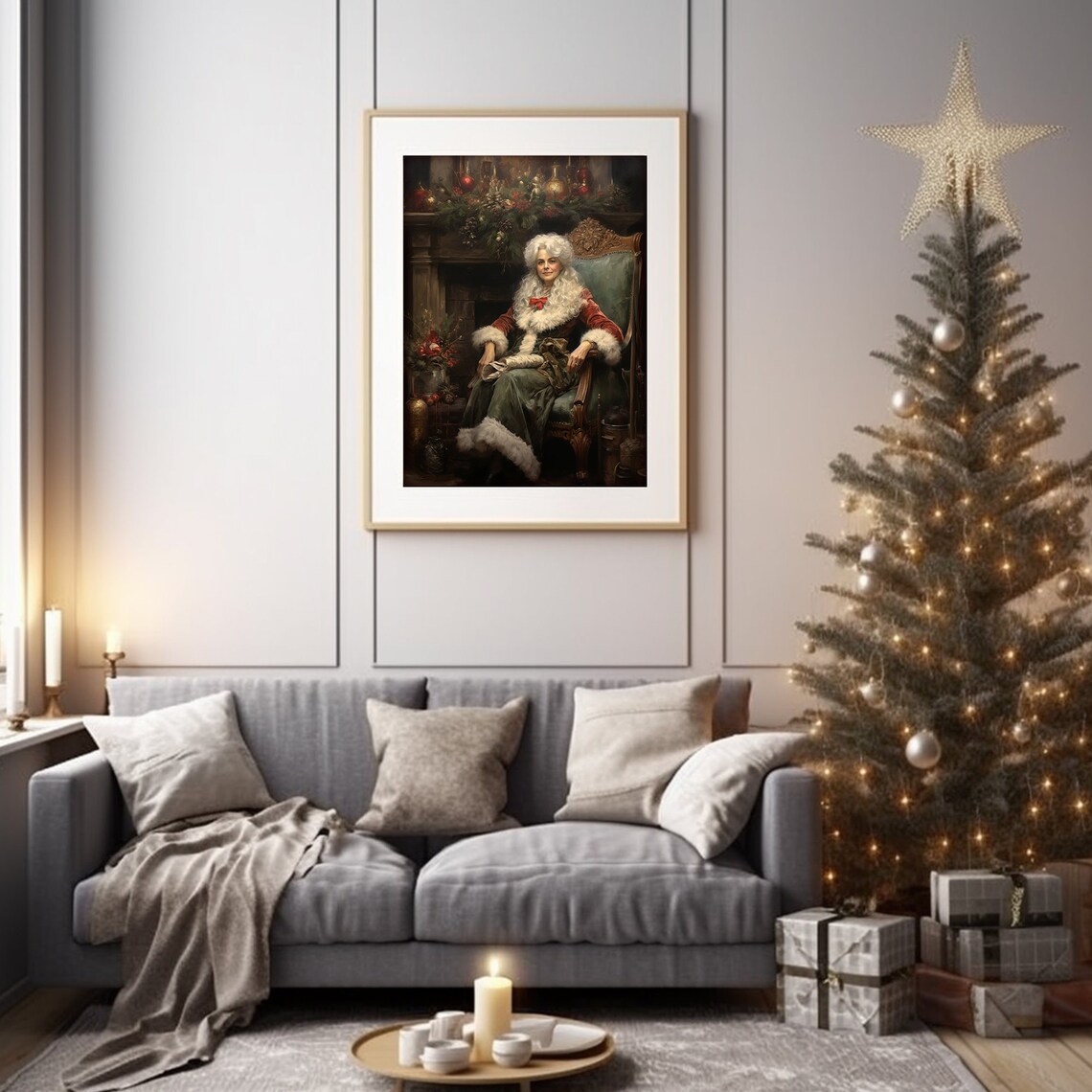 Mrs Claus Seated by a Decorated Fireplace Vintage Christmas Art Poster - Image 2