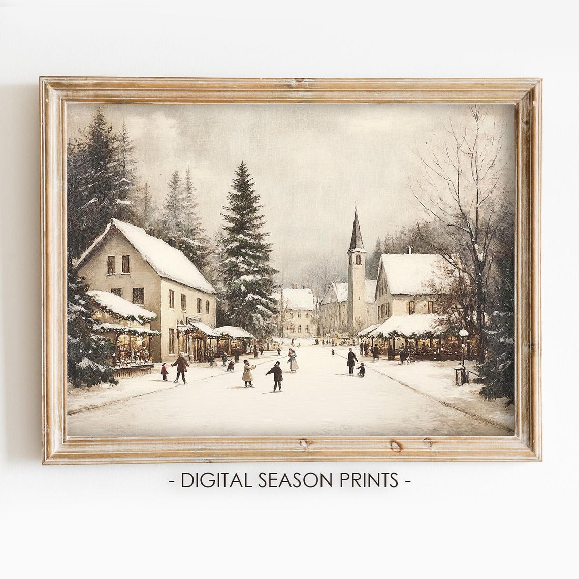 Vintage Village Street Ice Skaters Snowy Church Scene Poster