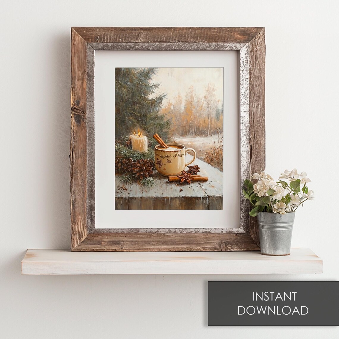 Cozy Winter Hot Cocoa with Candles and Pinecones Still Life Print - Image 6