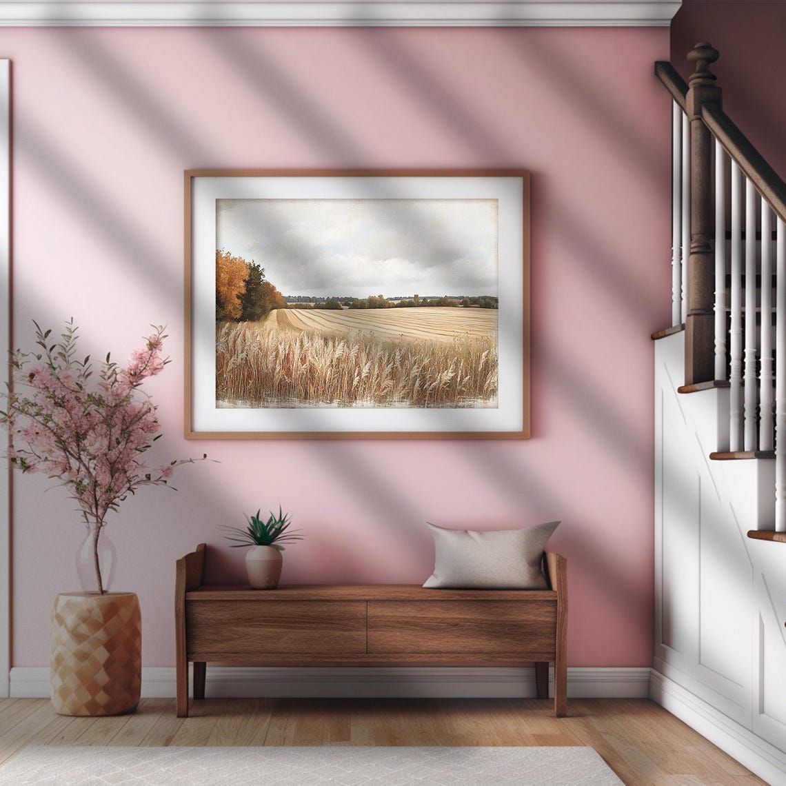 Golden Wheat Field Plowed Rows Autumn Trees Cloudy Sky Farm Art Poster - Image 2