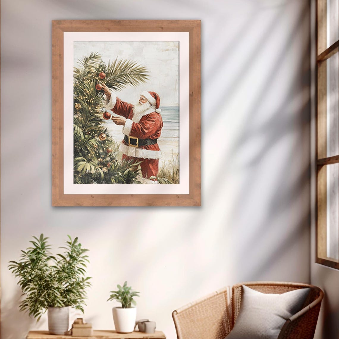 Santa Claus Decorating Palm Tree Tropical Beach Christmas Art Print - Image 2