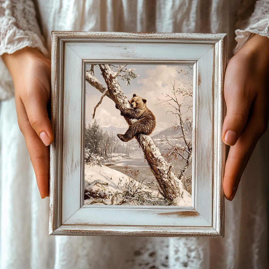 Rustic Winter Bear Cub Climbing Snowy Tree Vintage Forest Poster - Image 3