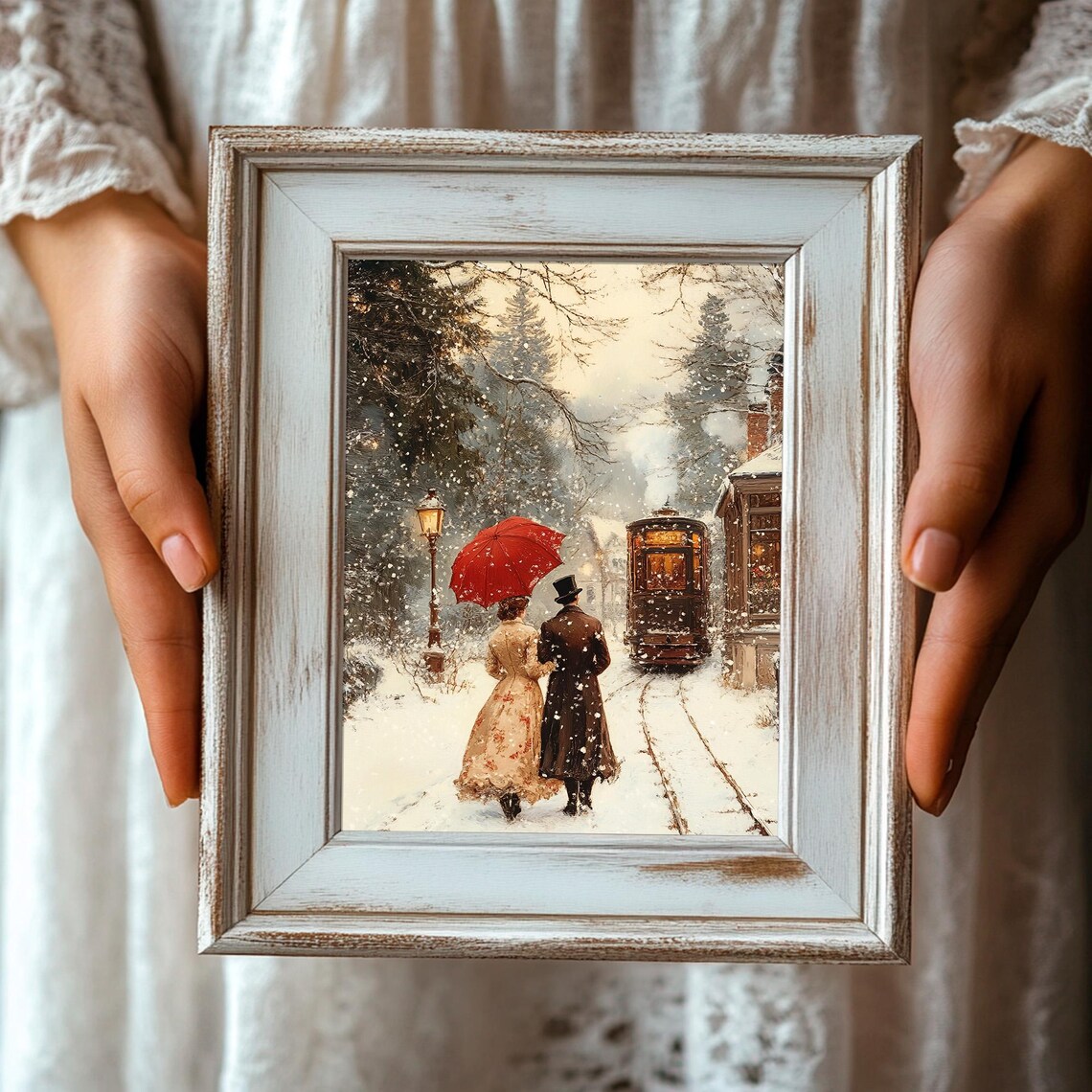 Victorian Couple Red Umbrella Snowy Street Tram Winter Evening Poster - Image 3