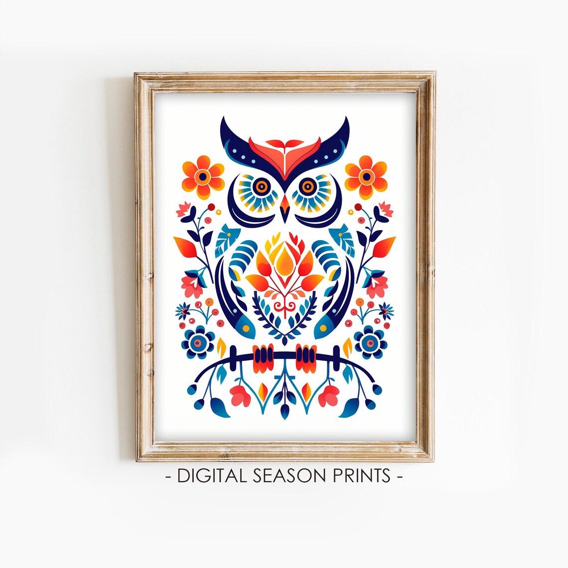 Scandinavian Folk Art Owl Floral Colorful Boho Woodland Art Print