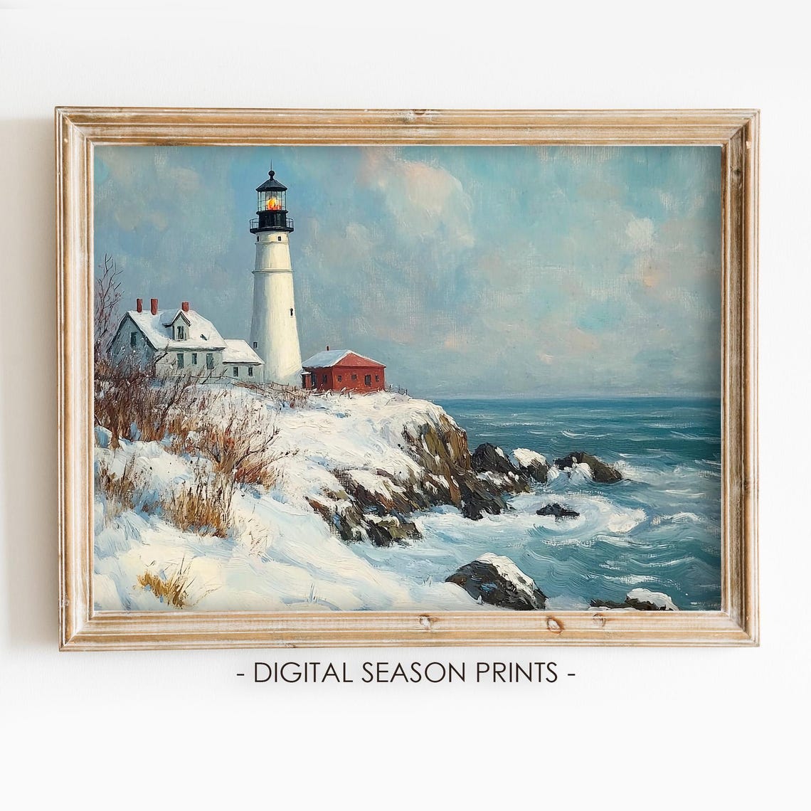 Snowy Winter Lighthouse Rocky Coast Coastal Painting Wall Art