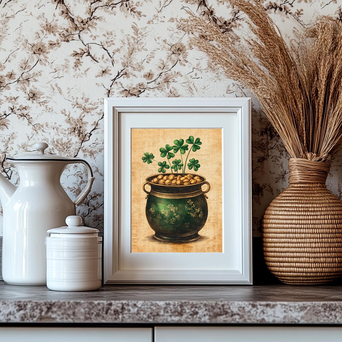 Pot Of Clovers Green Vase Vintage St Patrick's Day Botanical Poster - Image 4