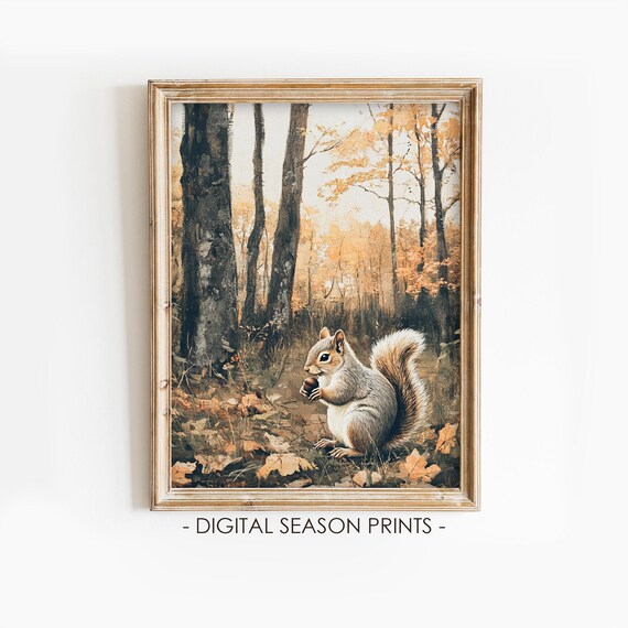 Squirrel Holding Acorn Golden Autumn Forest Vintage Woodland Animal Poster