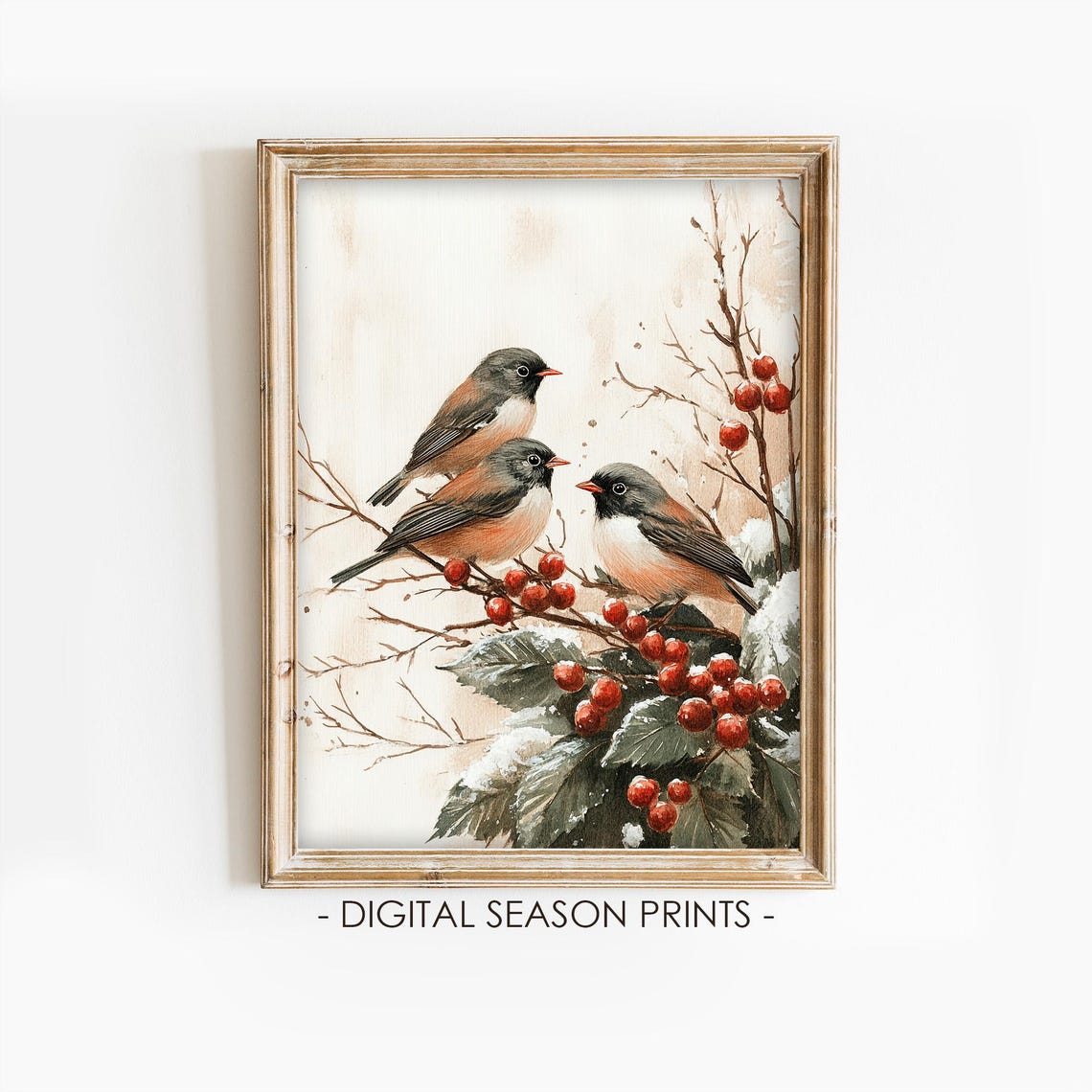 Three Songbirds Berry Branch Vintage Winter Botanical Bird Poster