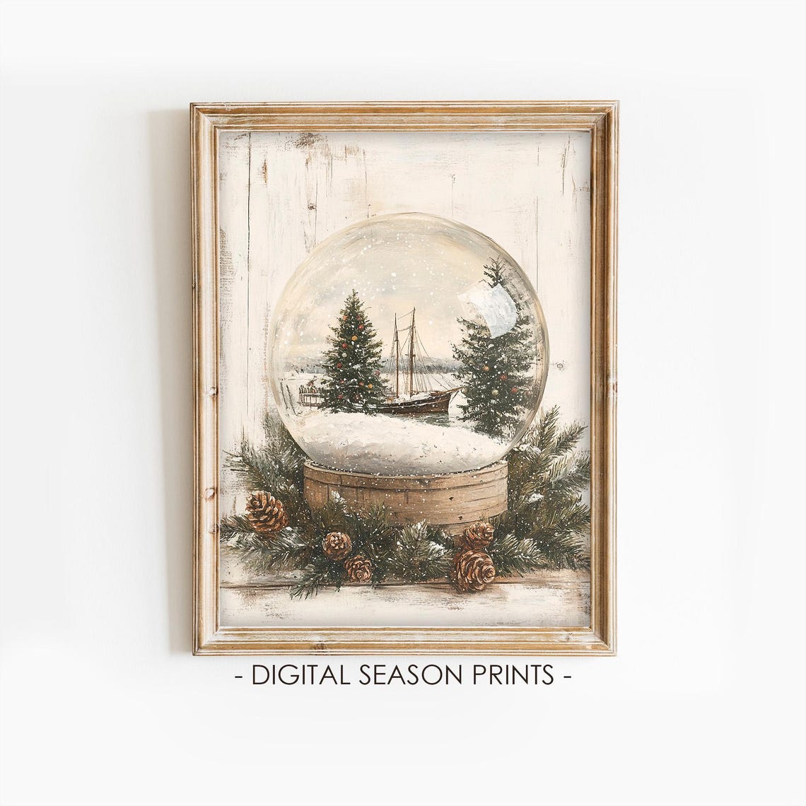 Nautical Christmas Snow Globe Vintage Ship Holiday Rustic Print