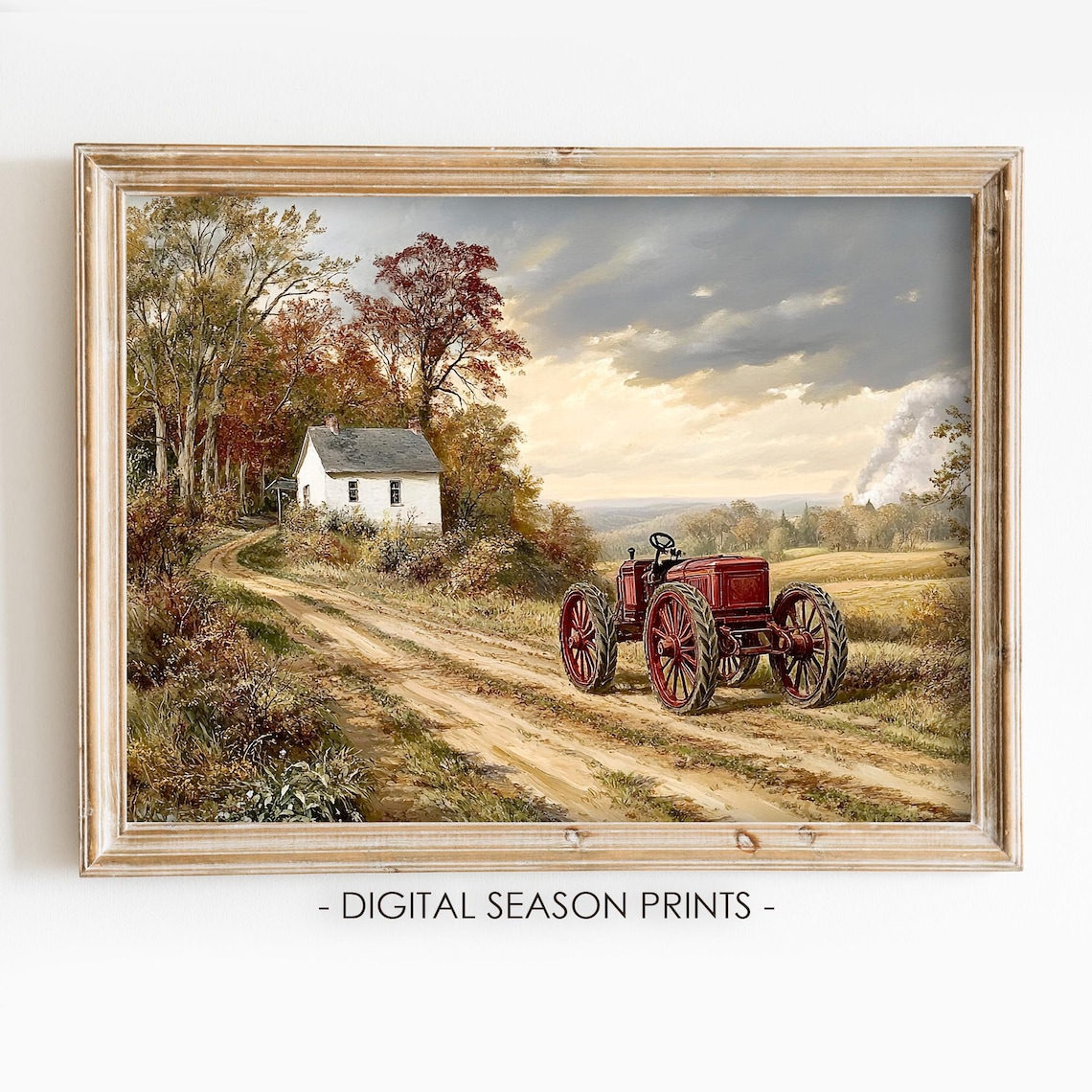 Antique Red Tractor Country Road Farmhouse Autumn Landscape Art Print