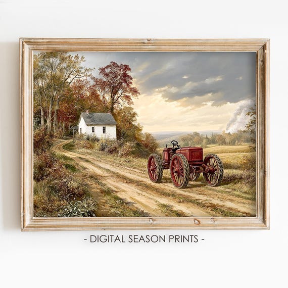 Farm Wall Art Vintage Tractor Farmhouse Print Rustic Fall Country Painting
