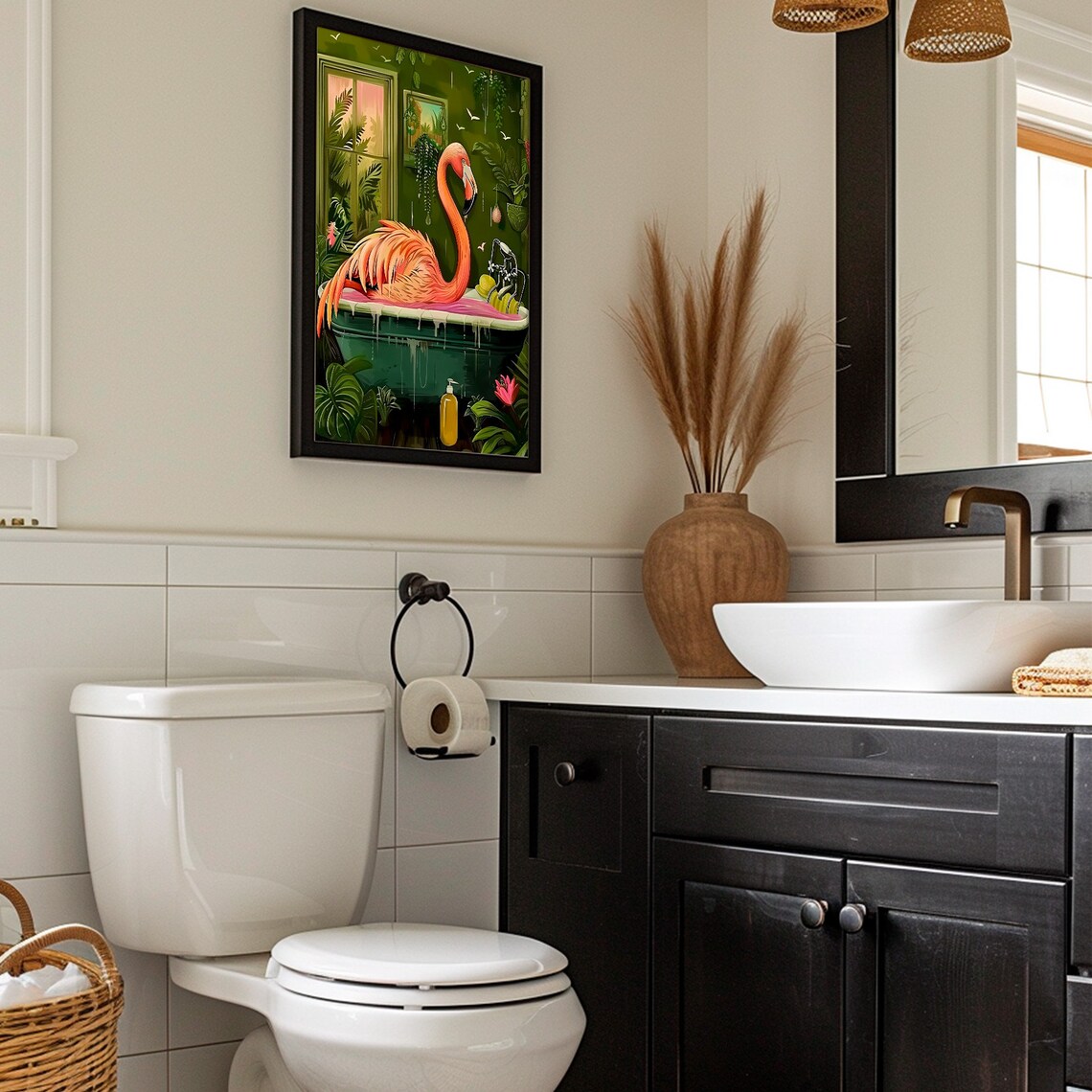 Pink Flamingo Relaxing in Bathtub Tropical Bathroom Animal Print - Image 6