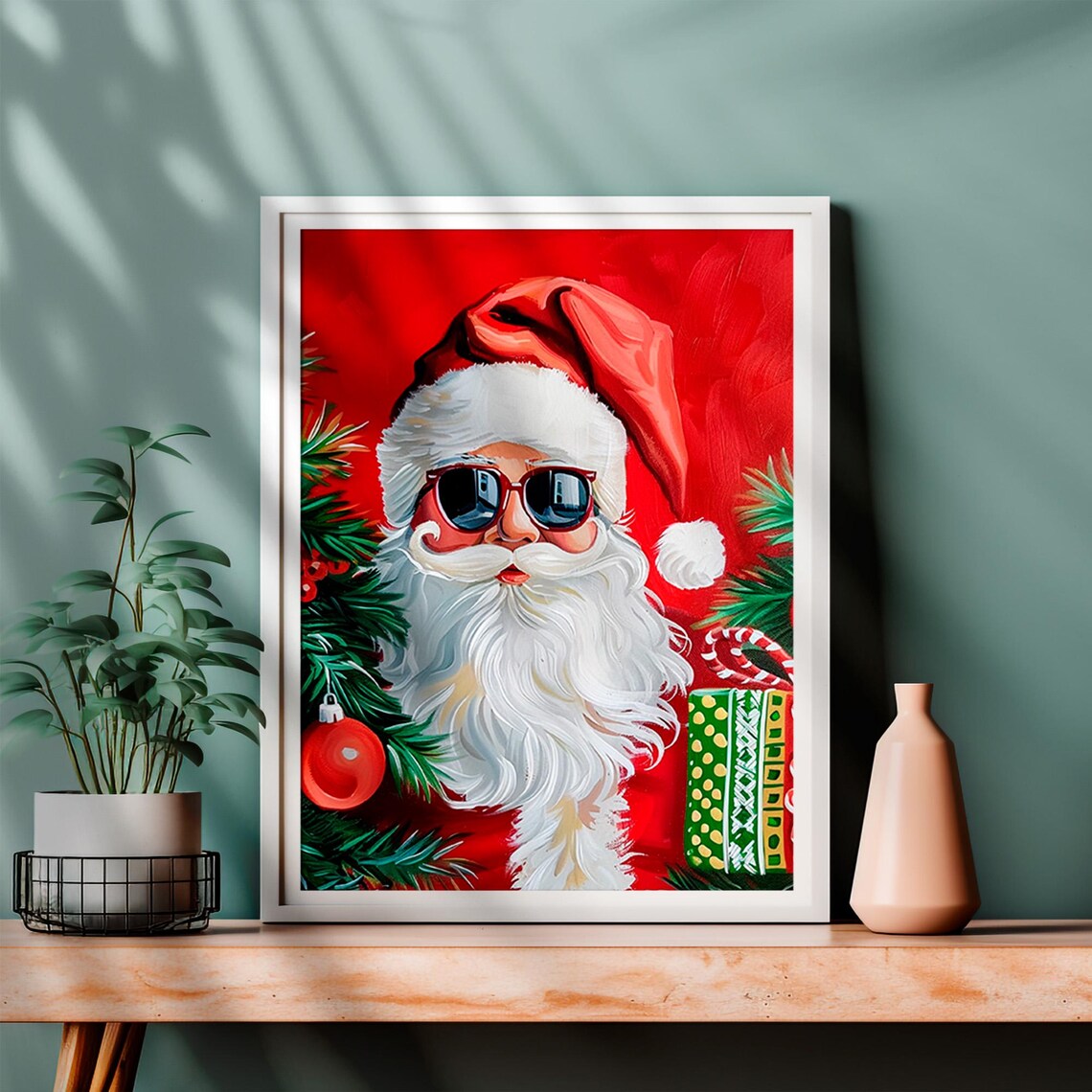Cool Santa Claus with Sunglasses Bold Red Pop Art Christmas Poster - Image 2