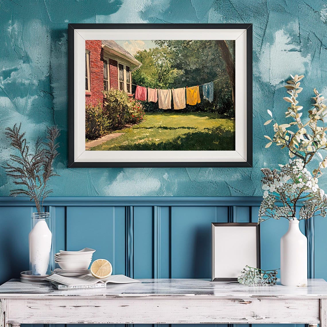 Sunny Clothesline With Laundry Behind A Brick Farmhouse Garden Poster - Image 2