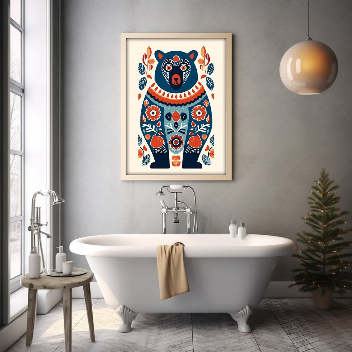 Scandinavian Folk Art Bear Blue Orange Floral Animal Painting Poster - Image 4