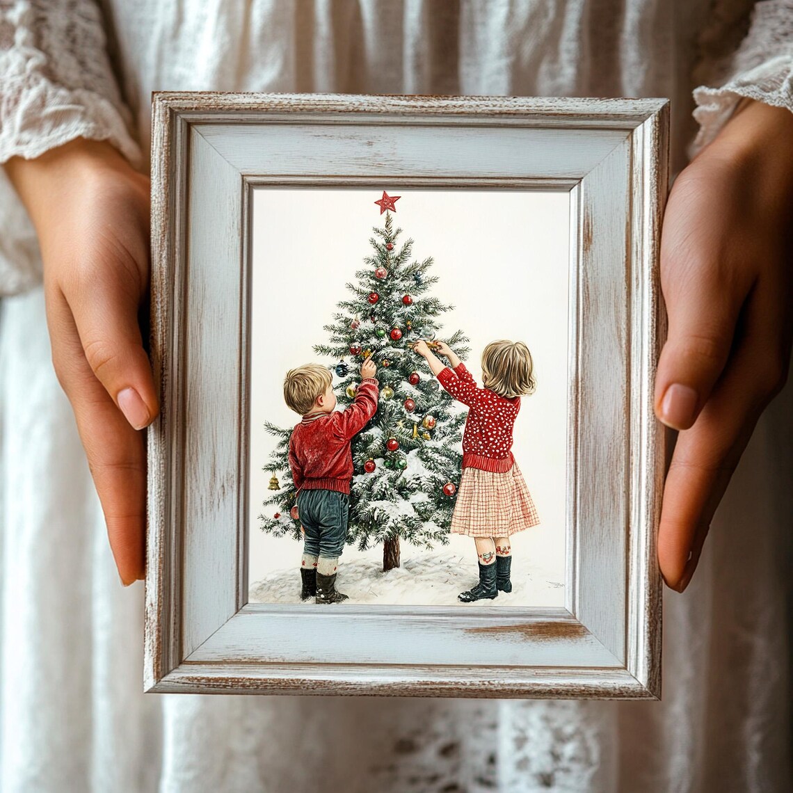 Vintage Children Decorating Christmas Tree Snowy Holiday Scene Print - Image 3