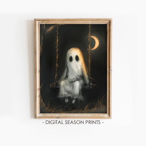 Lonely Ghost Swinging Crescent Moon Dark Night Sketch Halloween Poster