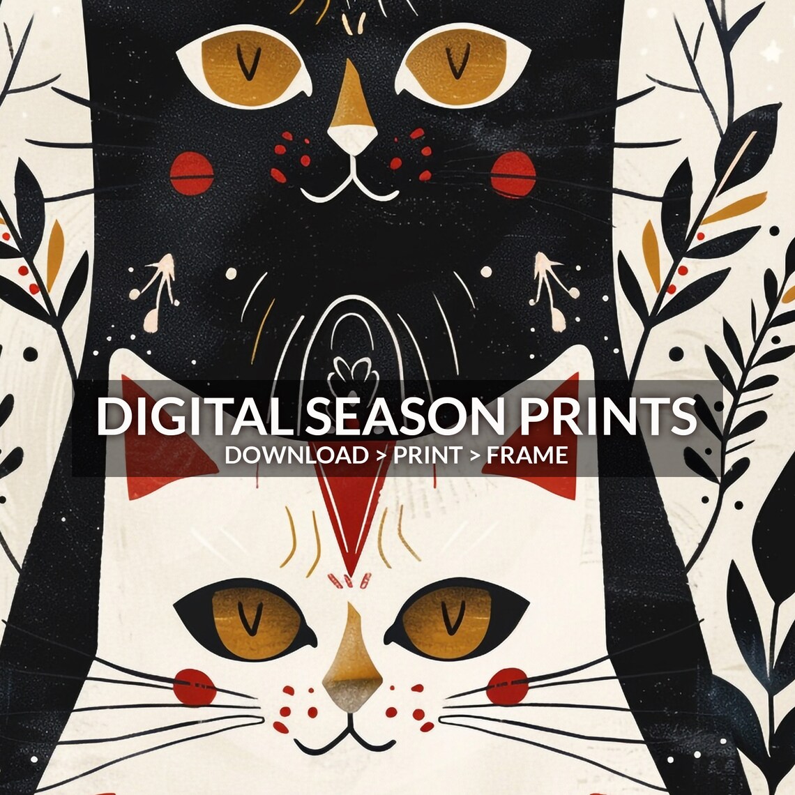 Scandinavian Folk Art Cats Black And White With Red Accents Poster - Image 6