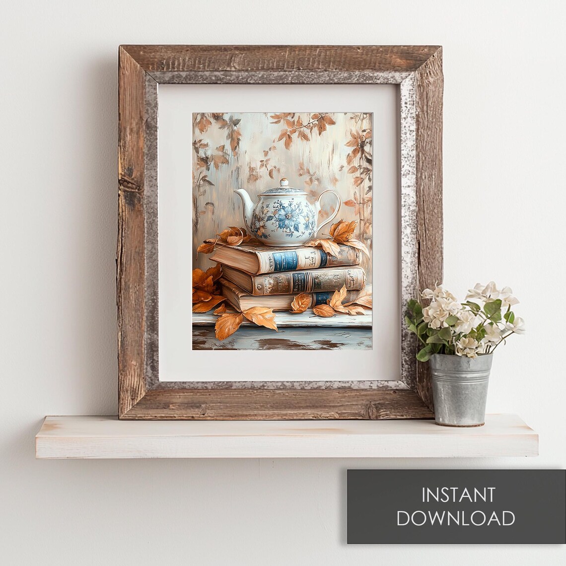 Blue Floral Teapot on Vintage Books Autumn Leaves Cozy Fall Print - Image 6