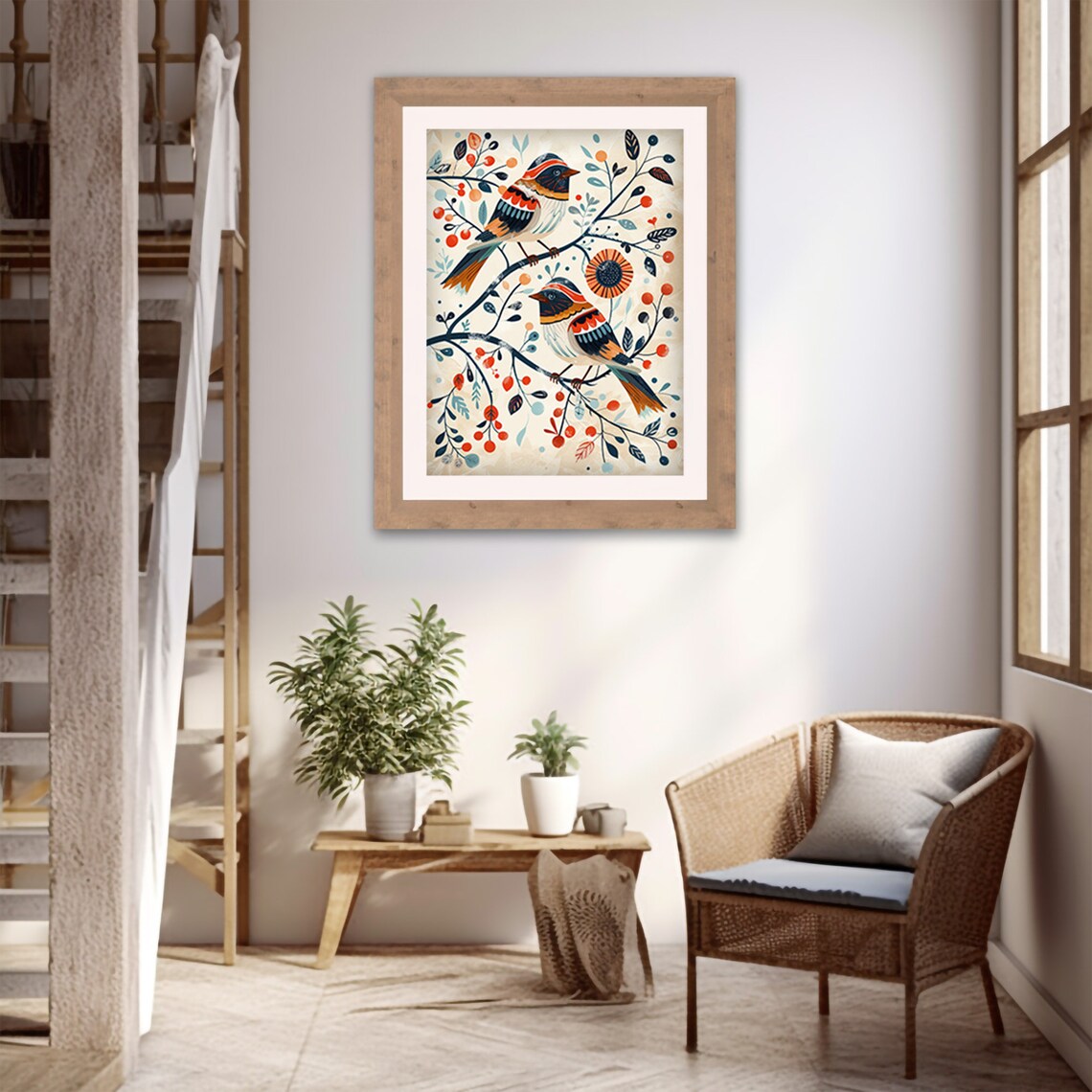 Scandinavian Folk Art Birds Berry Branch Nordic Animal Painting Poster - Image 3
