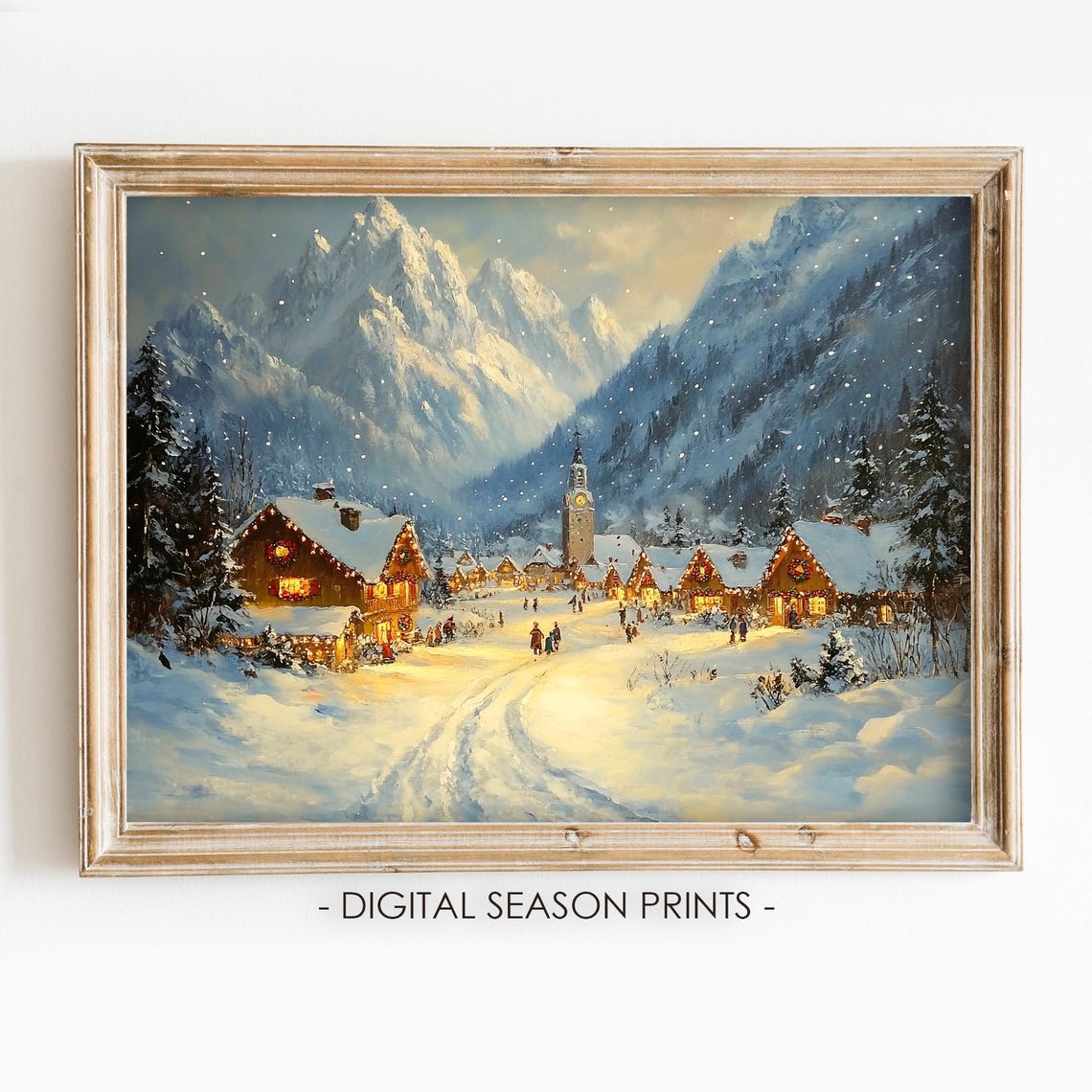 Snowy Alpine Village Night Glowing Windows Winter Night Poster