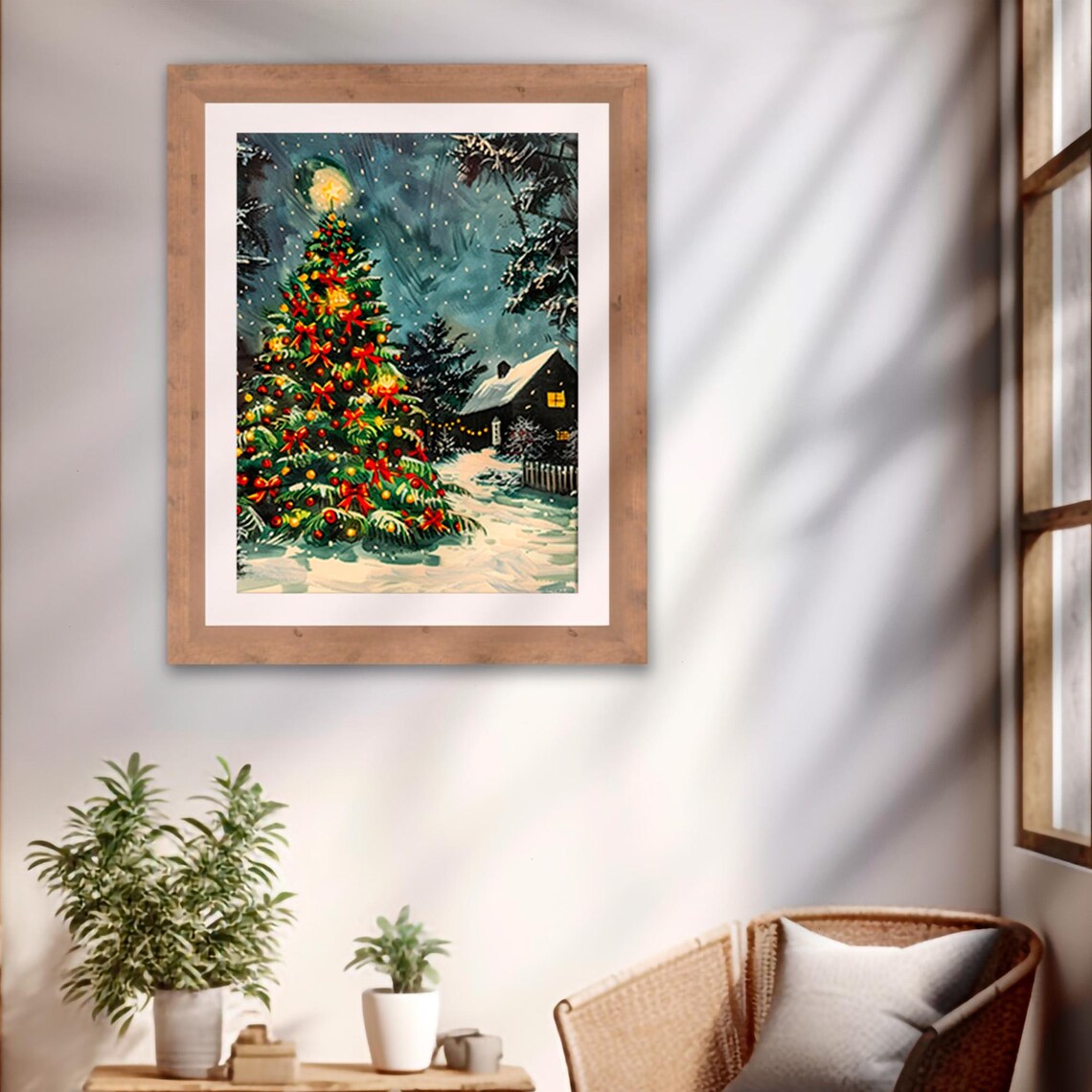Giant Lit Christmas Tree with Red Bows Snowy Farmhouse Night Poster - Image 2