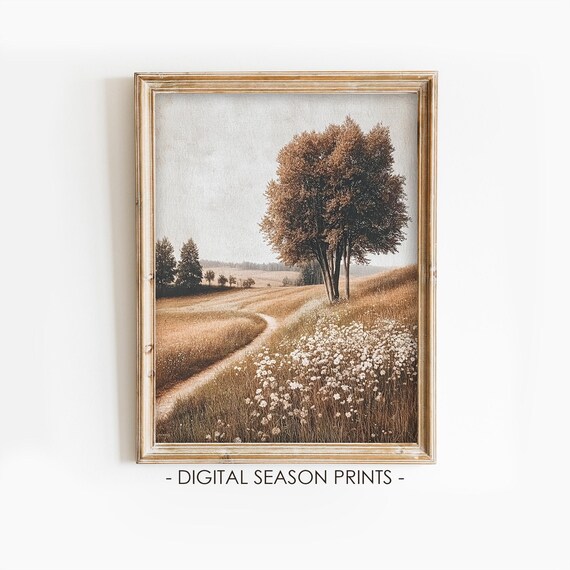 Autumn Field Pathway Wildflowers Golden Tree Country Landscape Poster