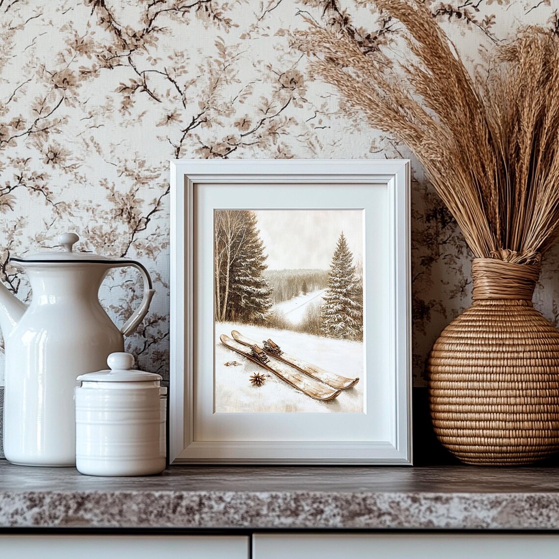 Old Wooden Skis Snowy Hill Pines Vintage Winter Scene Poster - Image 4