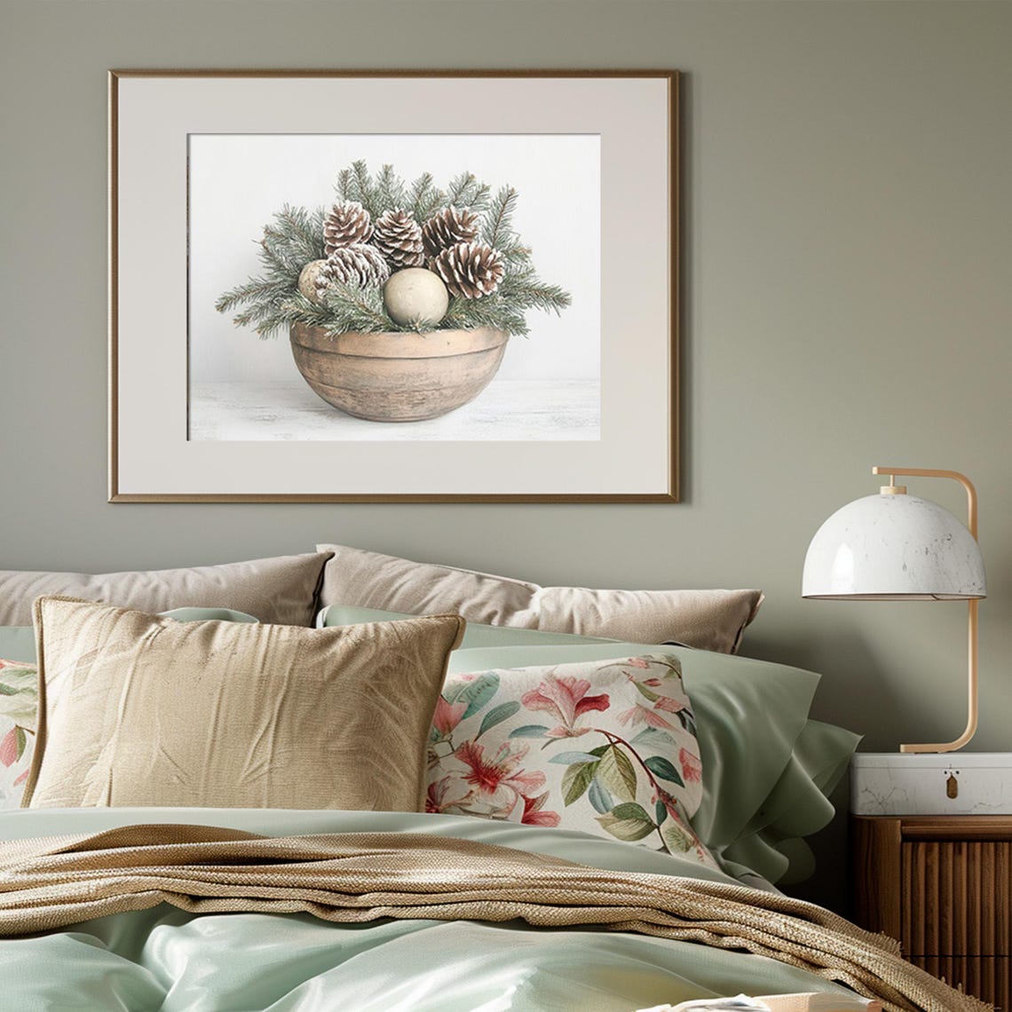 Rustic Frosted Pinecone Winter Bowl Christmas Still Life Wall Art - Image 3