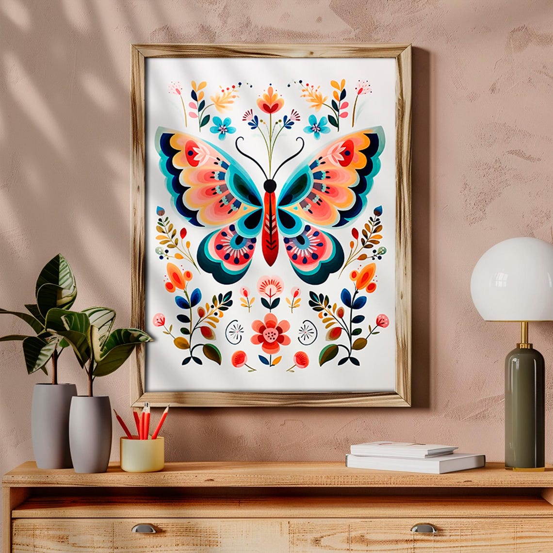 Scandinavian Folk Art Butterfly Floral Colorful Spring Boho Art Print - Image 6
