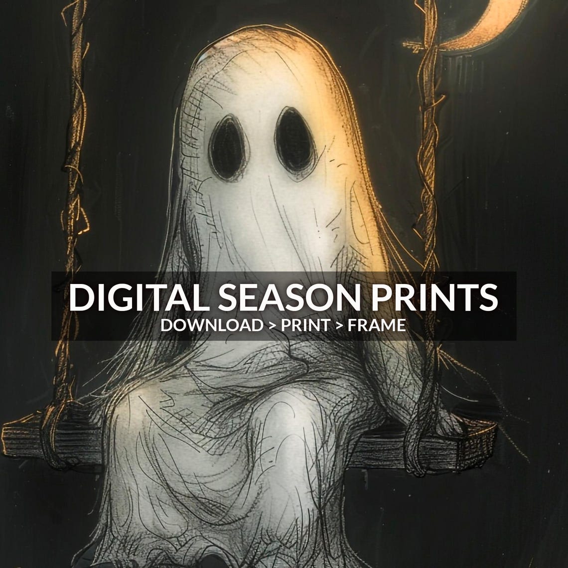 Lonely Ghost Swinging Crescent Moon Dark Night Sketch Halloween Poster - Image 6