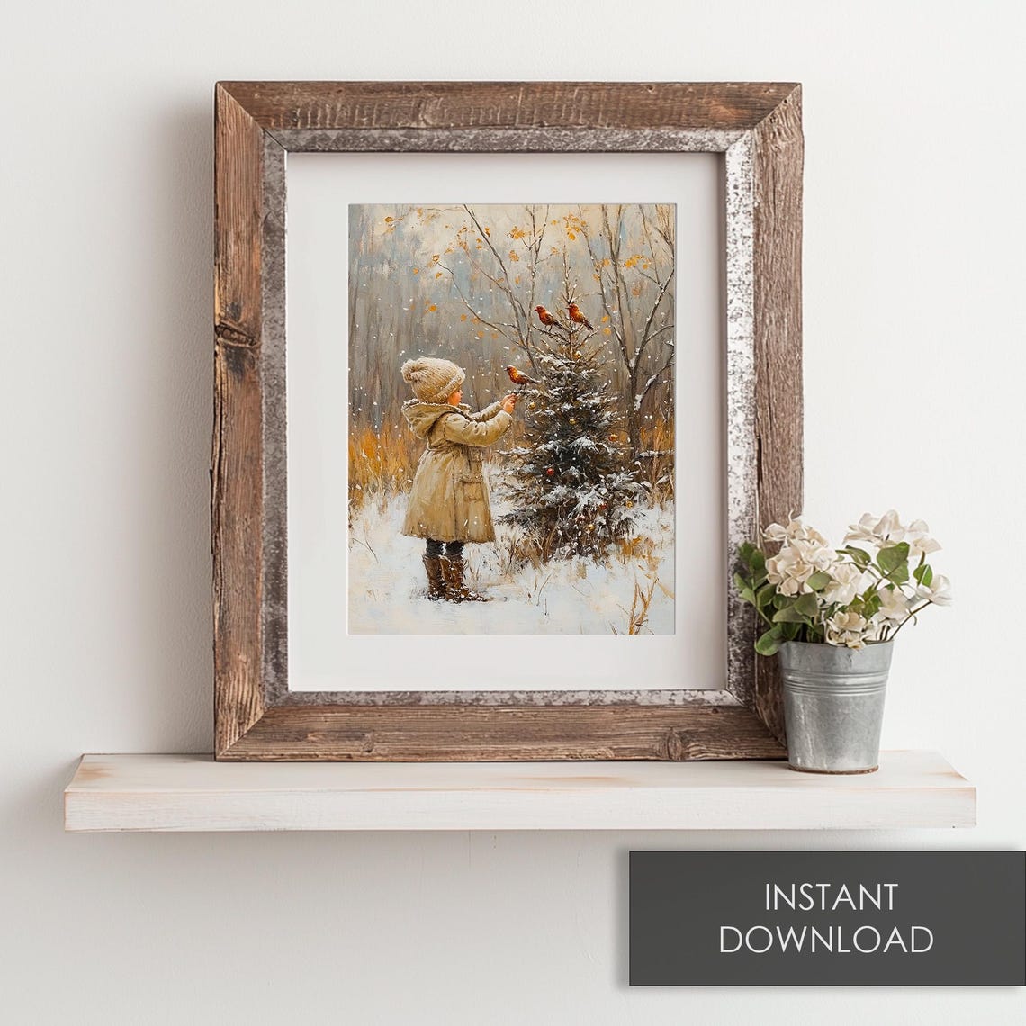 Child Feeding Red Birds Snowy Pine Winter Holiday Art Poster - Image 6