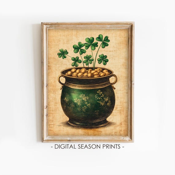 Pot Of Clover Print Vintage St Patricks Day Decor Rustic Irish Wall Art Shamrock Painting