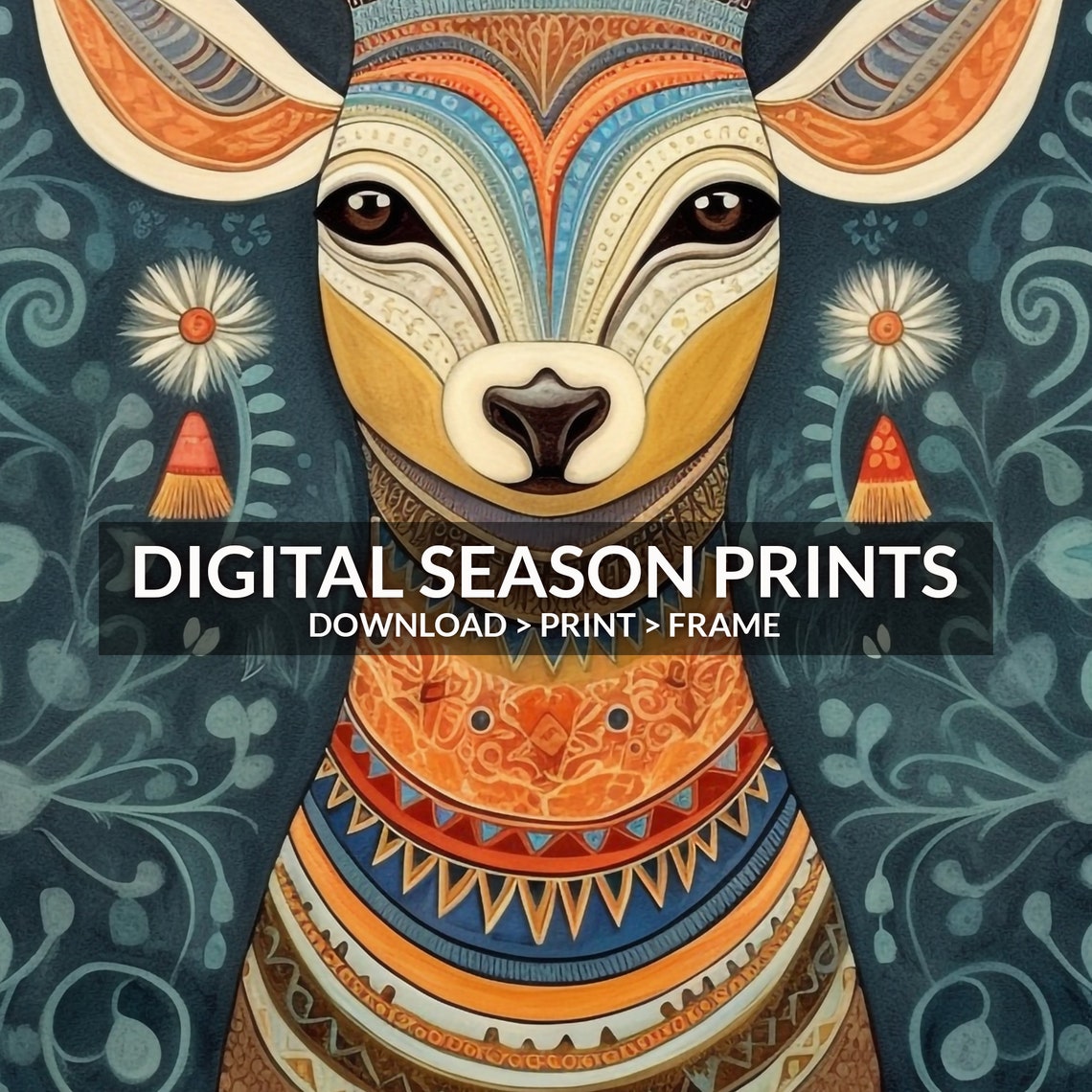 Colorful Folk Art Deer Portrait with Patterned Antlers Print - Image 6