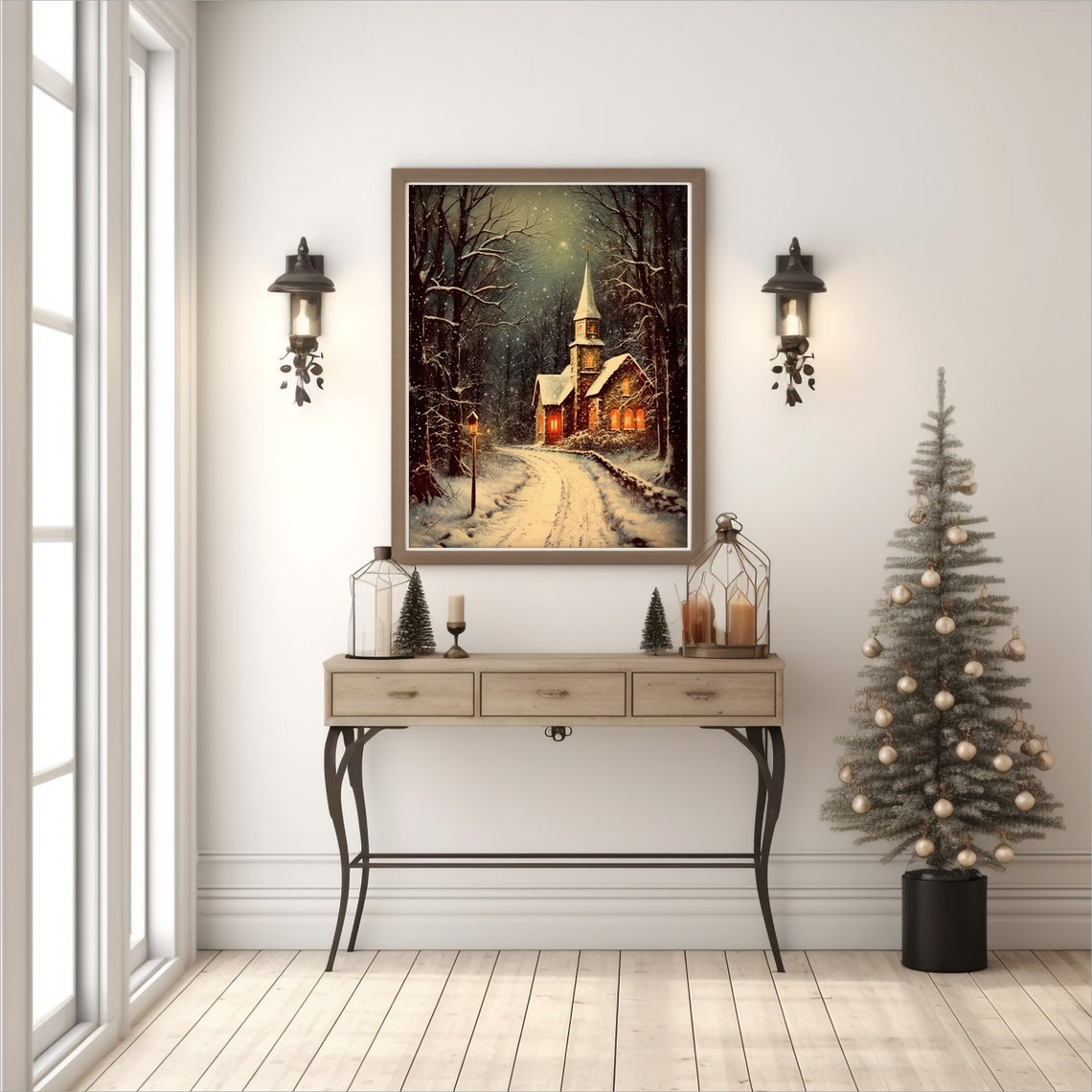 Snowy Chapel in Winter Woods Nighttime Glowing Windows Wall Art - Image 4