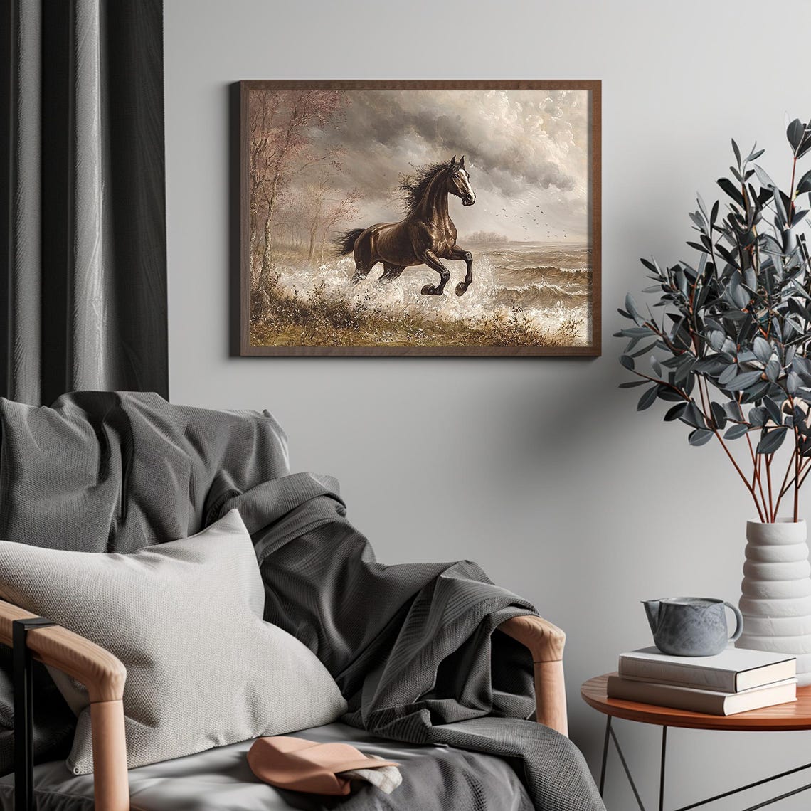 Wild Dark Horse Galloping Through Ocean Surf In A Storm Poster - Image 4