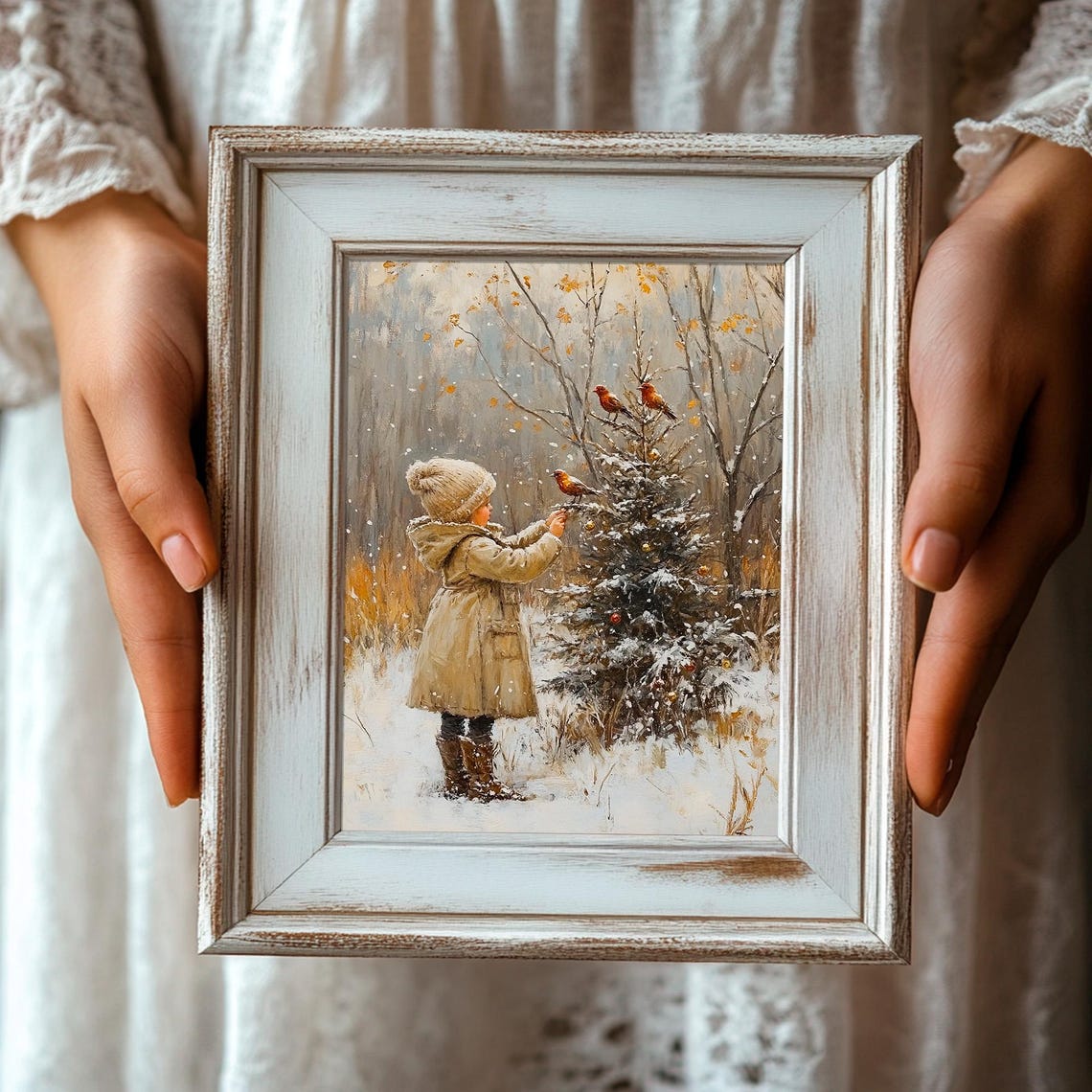Child Feeding Red Birds Snowy Pine Winter Holiday Art Poster - Image 3