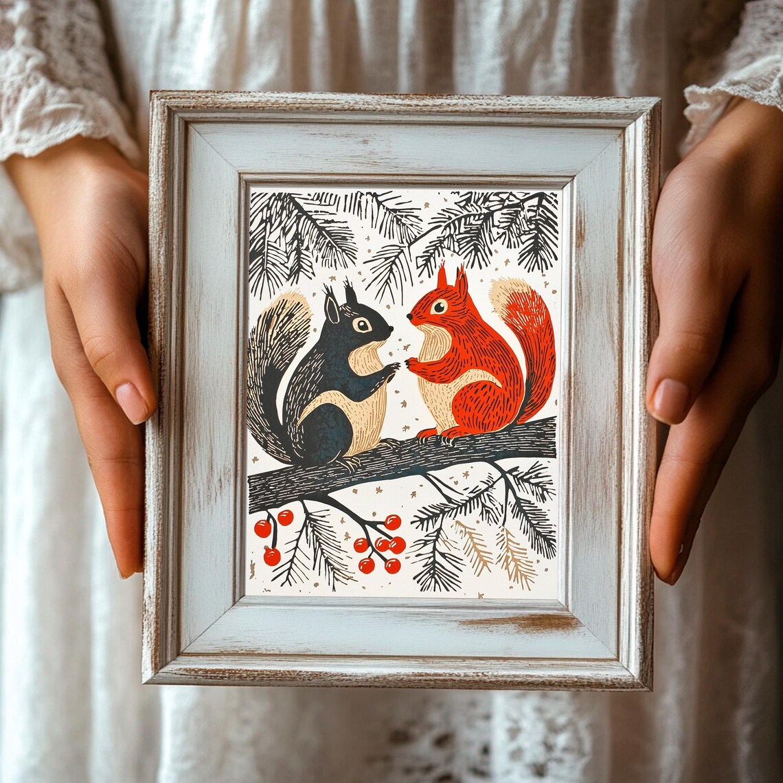 Nordic Folk Art Squirrels Berry Branch Scandinavian Woodland Decor Poster - Image 3