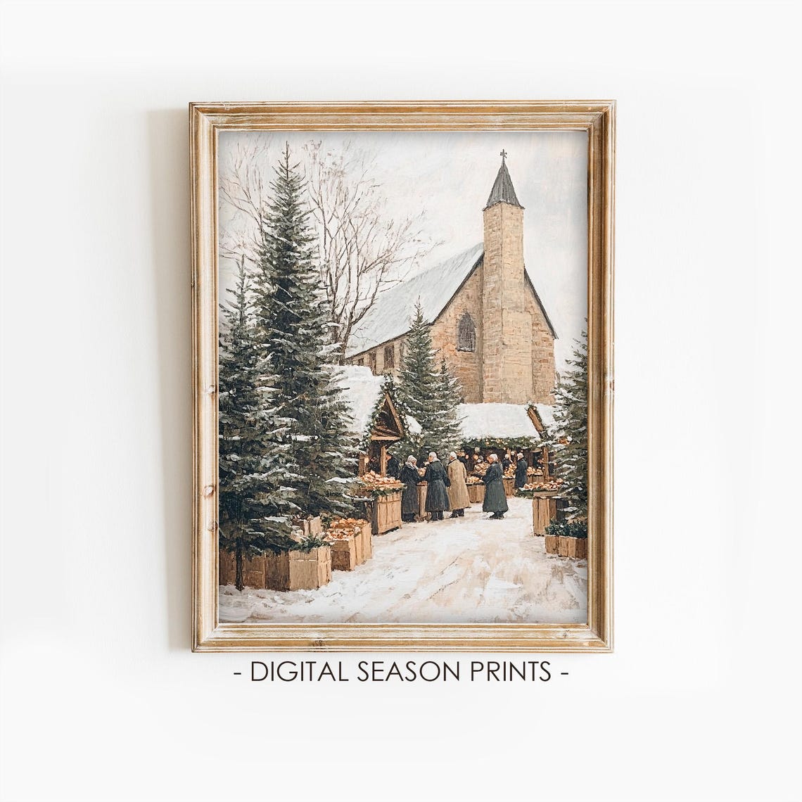 Snowy Christmas Market Stalls In Front Of A Stone Church Poster