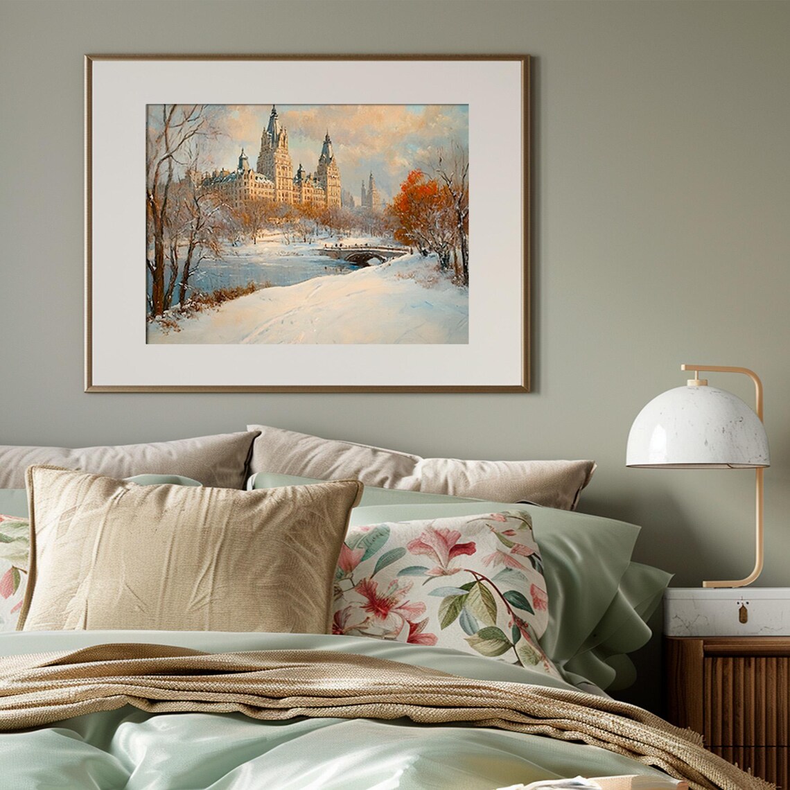 Snowy Central Park New York Winter City Pond Bridge Wall Art - Image 3