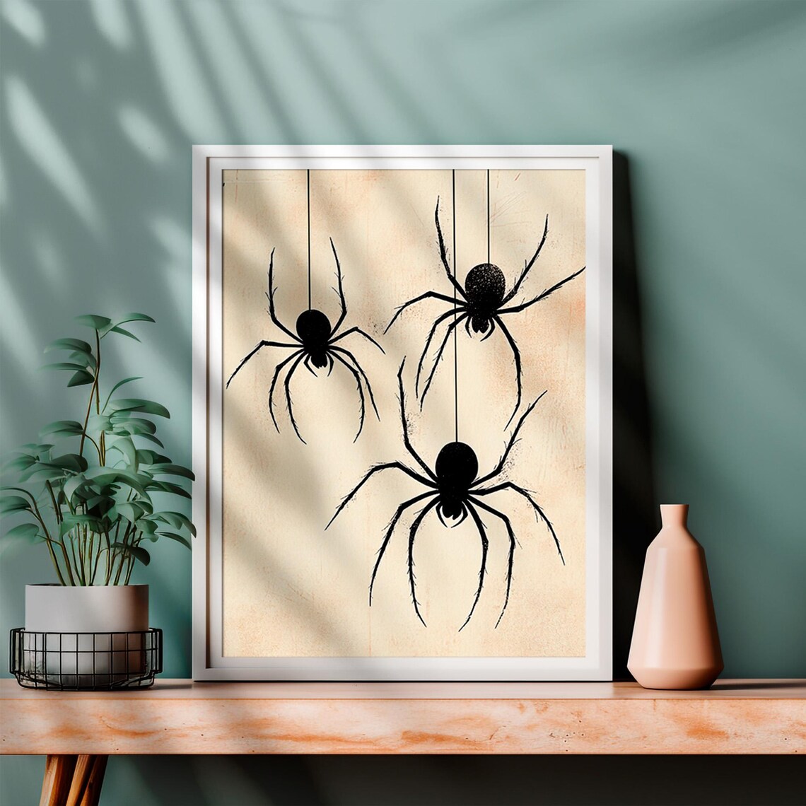 Three Black Spiders Webs Vintage Halloween Gothic Minimal Art Poster - Image 4