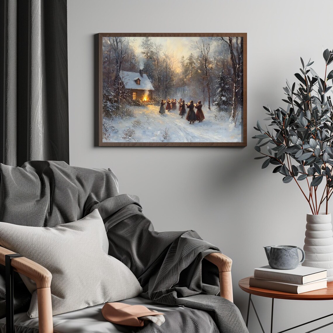 Victorian Christmas Carolers Singing Snowy Cottage Dusk Scene Print - Image 4